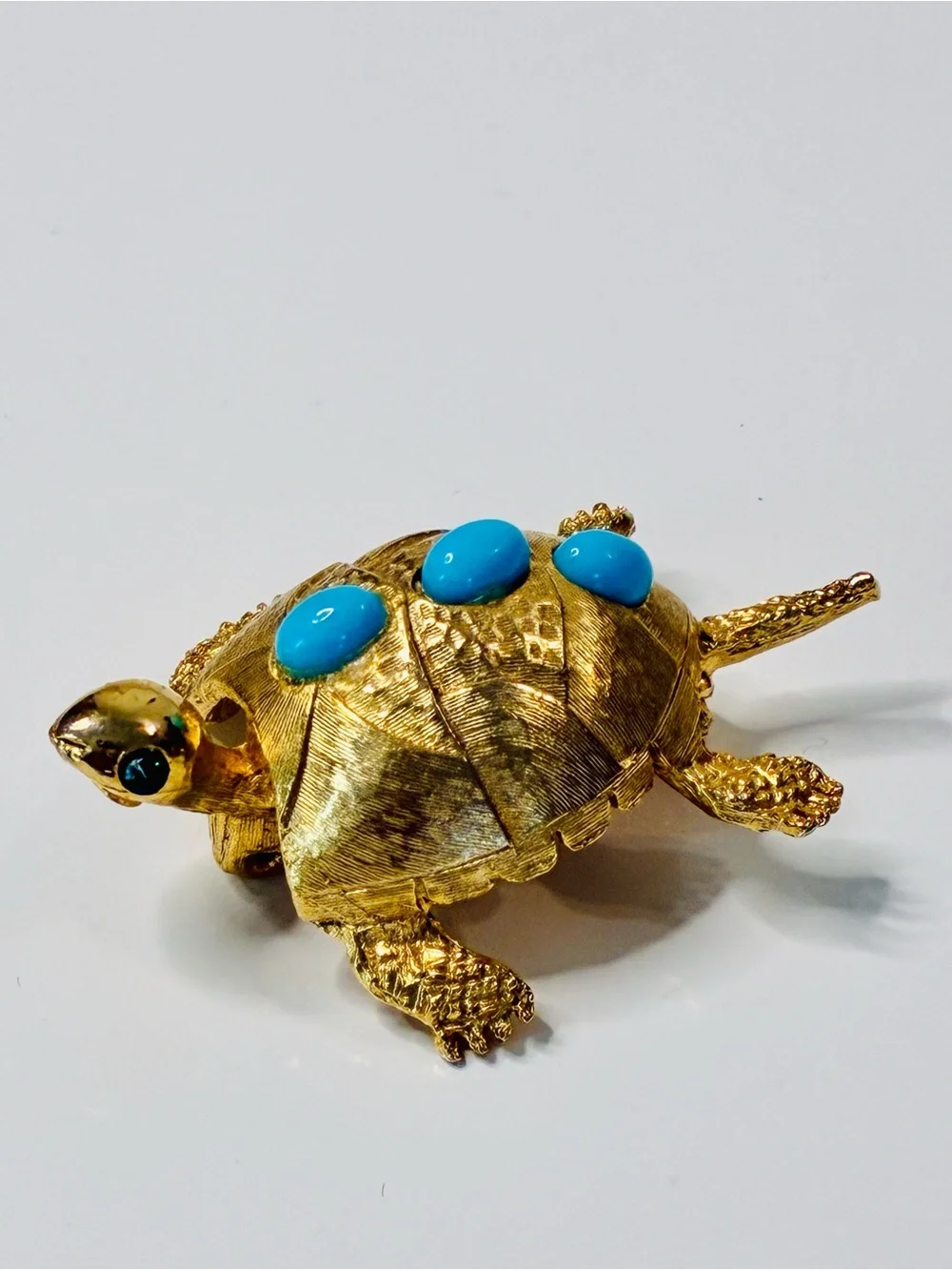 VTG PELL Gold-Tone Turtle Brooch with Turquoise Cabochons and Emerald Eyes EUC